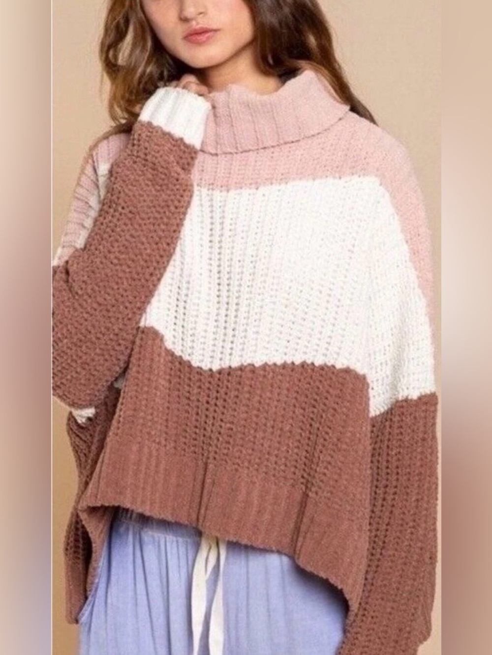 POL Chunky Knit Colorblock Oversized Cowl Neck
Sweater